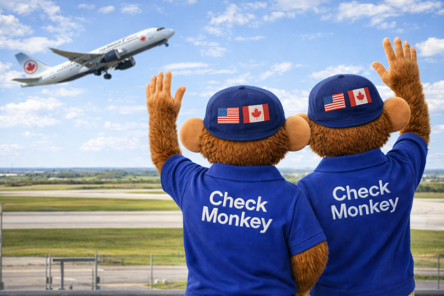 Check Monkey mascots waving as a departing flight carries snowbird homeowners north