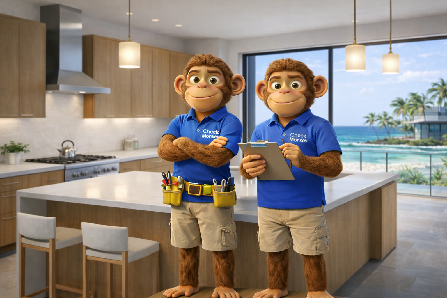 Check Monkey technician checking appliances and plumbing in a sunny Florida kitchen