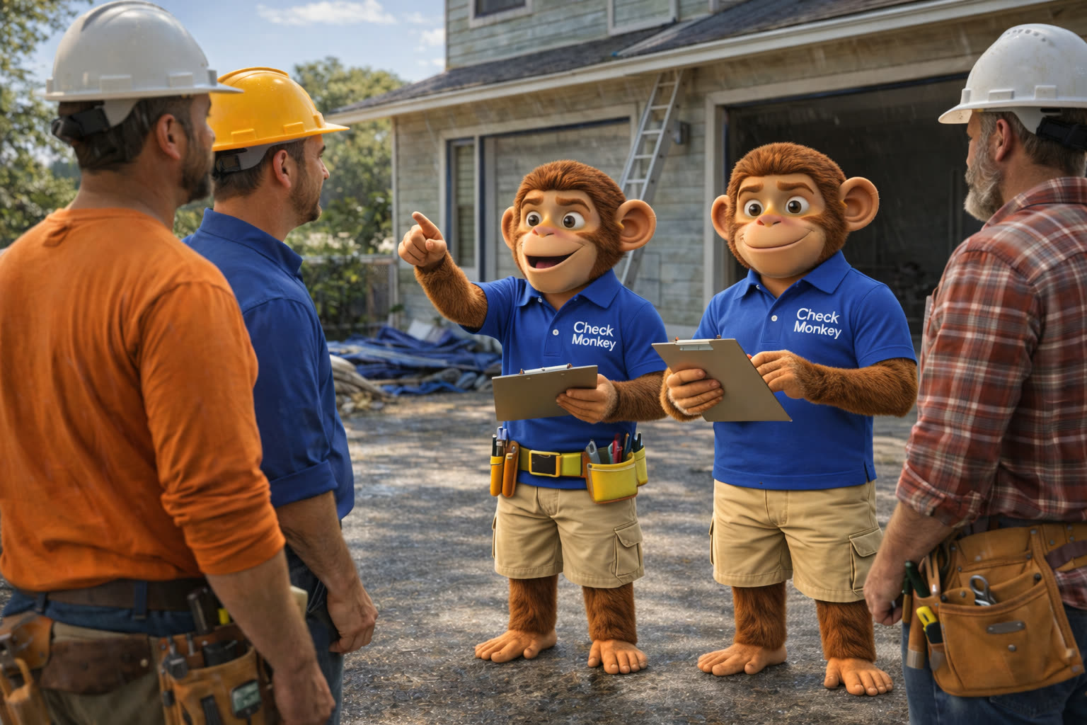 Check Monkey inspectors meeting local contractors outside a Dunedin house