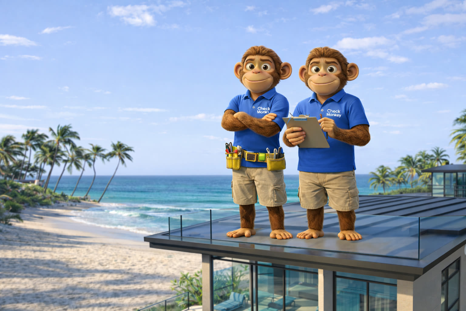 Two Check Monkey team members on a rooftop overlooking the Dunedin coastline